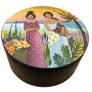Vintage Shaker Style Handpainted Round Wood Trinket Box Folk Art Tahitian